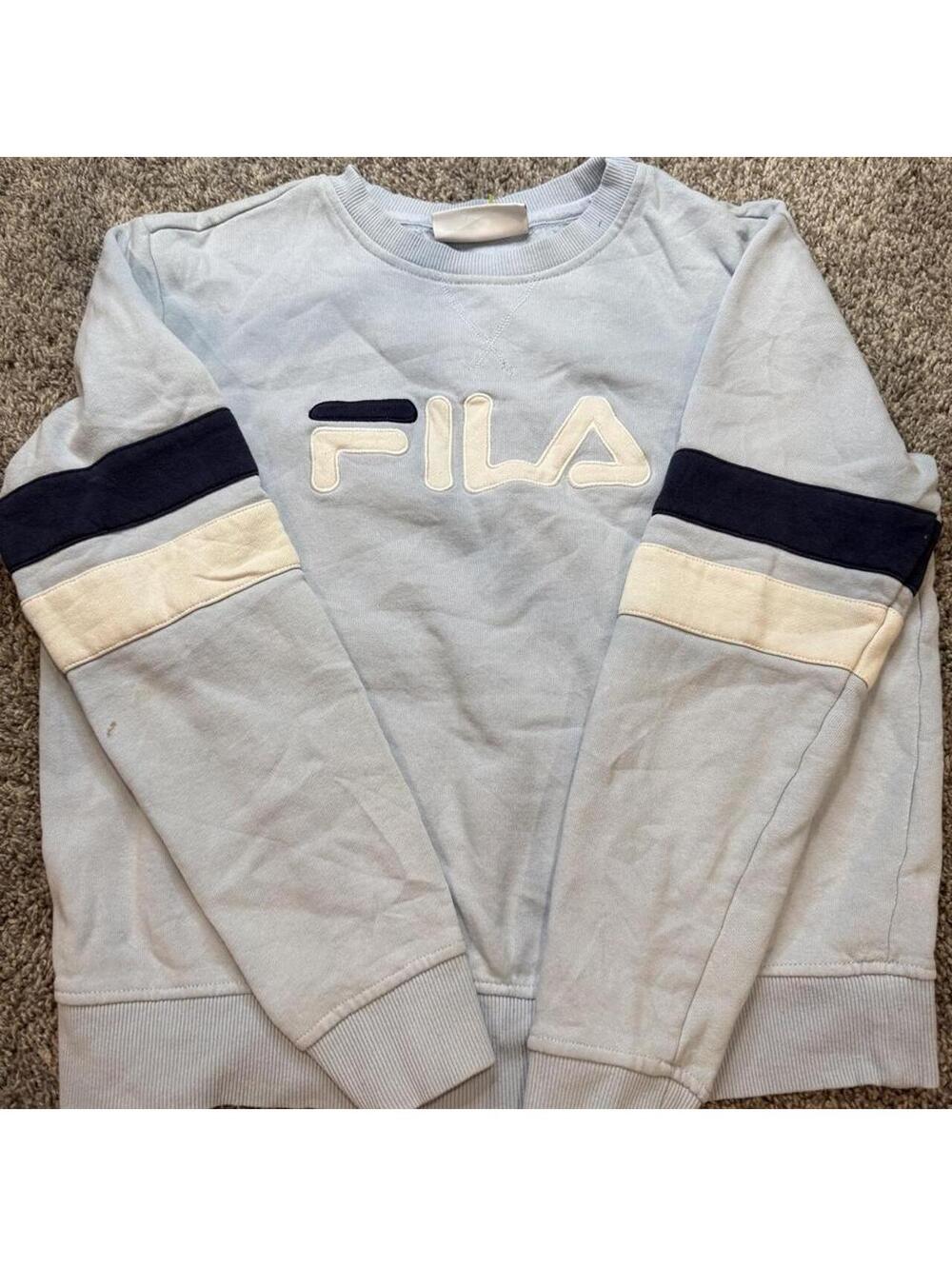 FILA Light Blue Crewneck Sweatshirt with Navy and Cream Stripes, Size M
